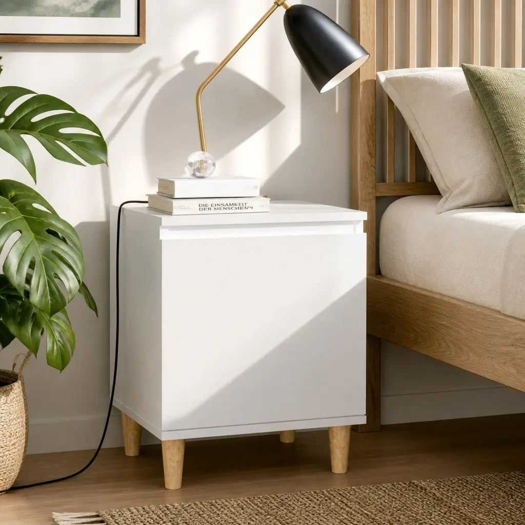 Bedside Table Nightstand White Storage Cabinet with Solid Wood Legs 2 Pieces