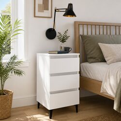 Bedside Table with Three Drawers Metal Legs Storage Nightstand White 40x35x69cm