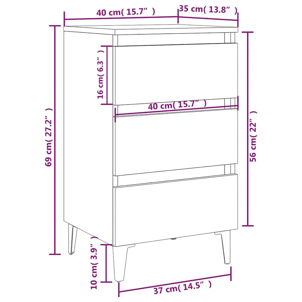 Bedside Cabinet Black Three Drawer Storage Nightstand with Metal Legs