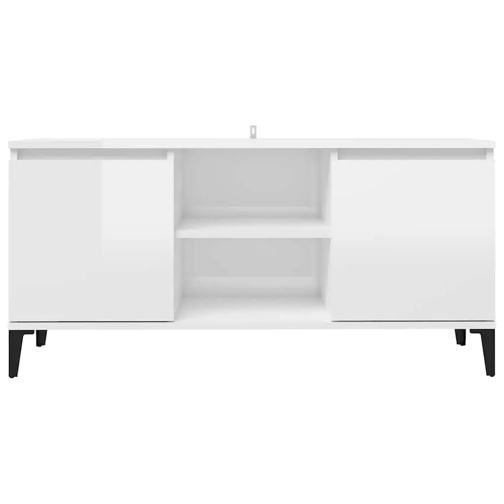 TV Cabinet White High Gloss with Metal Legs 2 Shelves 2 Compartments Storage Unit