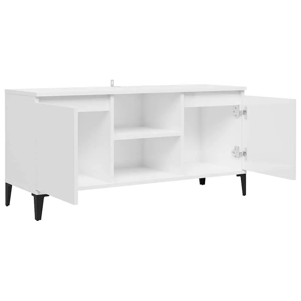 TV Cabinet White High Gloss with Metal Legs 2 Shelves 2 Compartments Storage Unit