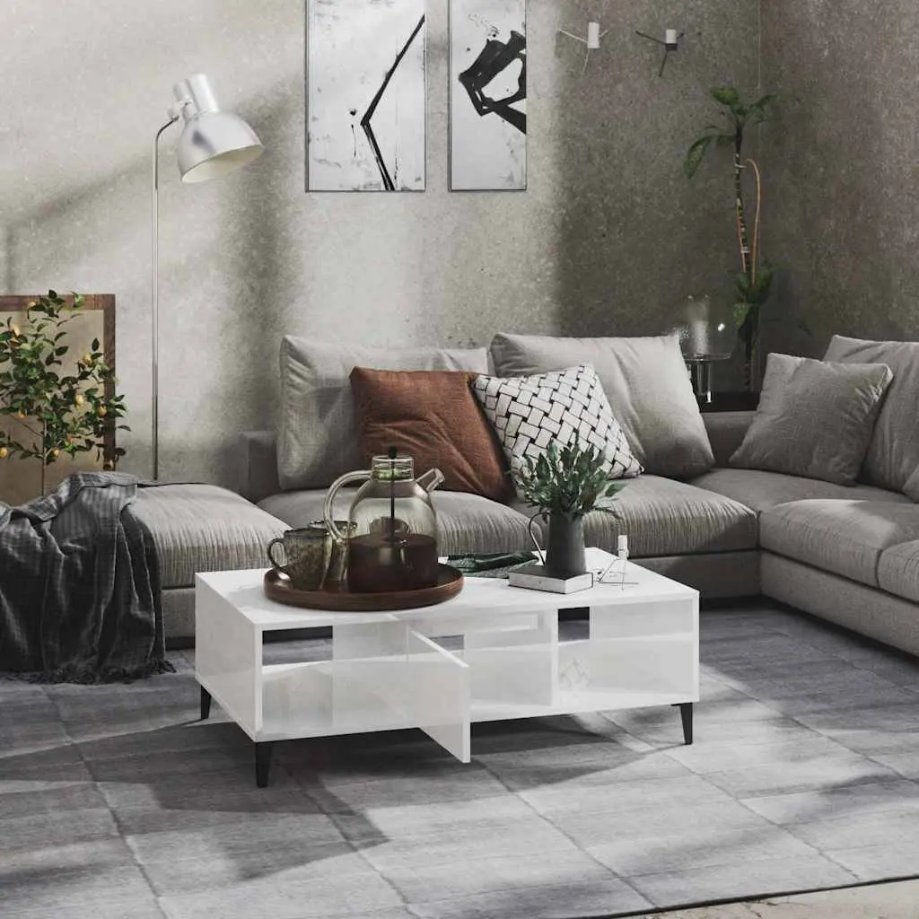 White High Gloss Coffee Table with Storage Compartment and Shelves for Living Room Furniture 1035x600x350mm
