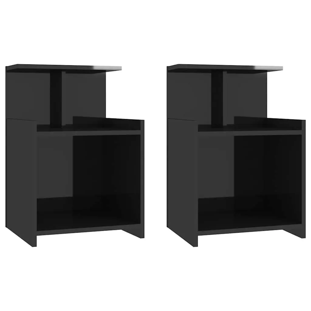Bedside Tables 2pcs High Gloss Black Nightstand Set Sturdy Construction 3 Open Shelves