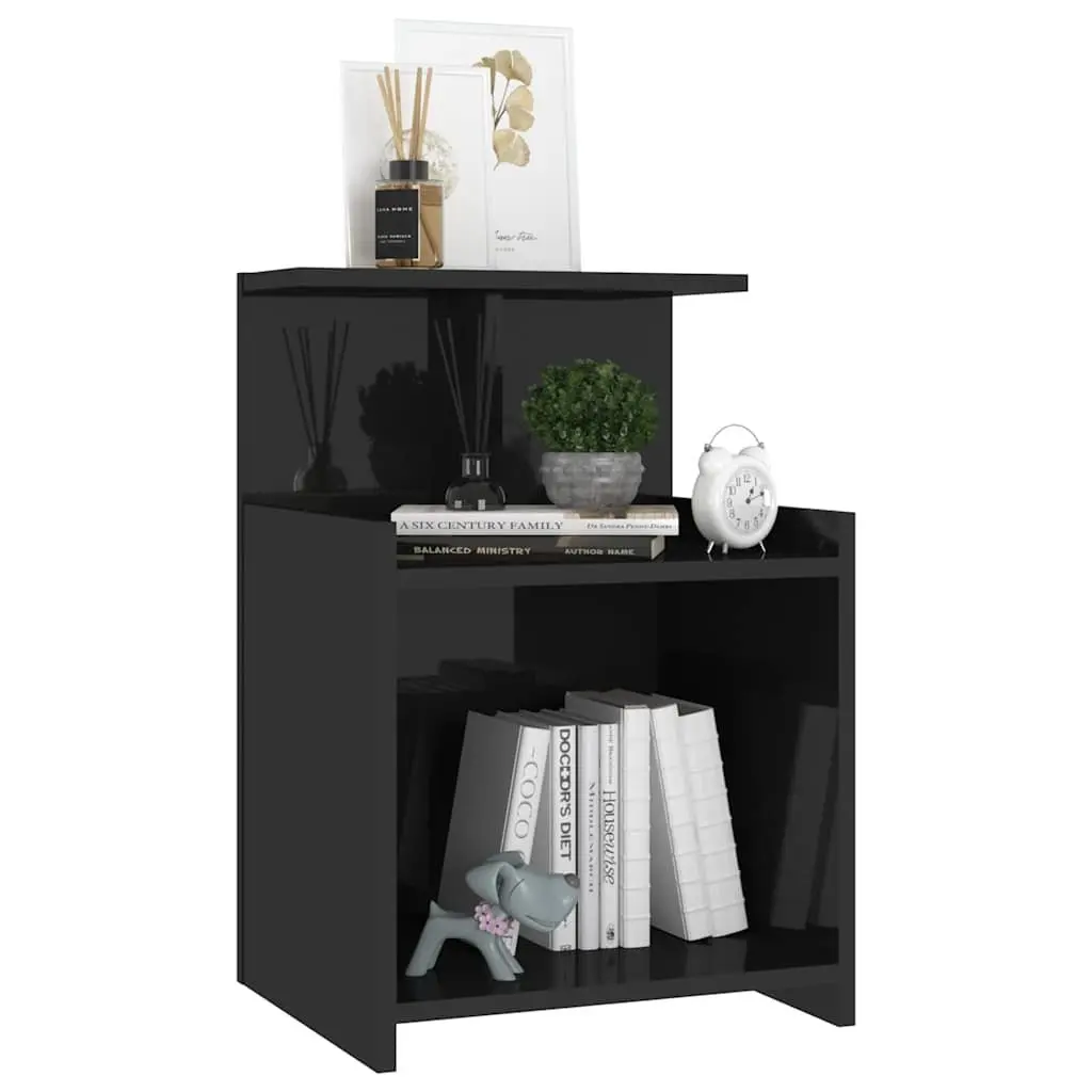 Bedside Tables 2pcs High Gloss Black Nightstand Set Sturdy Construction 3 Open Shelves