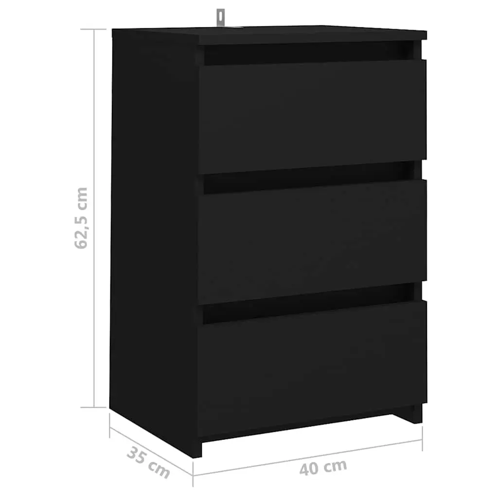 Nightstand Black 40x35x62.5cm Engineered Wood Sturdy 3 Drawer Storage