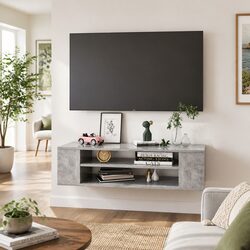 Hanging TV Cabinet Grey Wall-Mounted Lowboard Storage Open Compartments Media