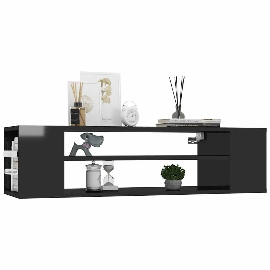 Hanging TV Cabinet Wall-Mounted High Gloss Black 2 Open Compartments Living Room Storage Unit