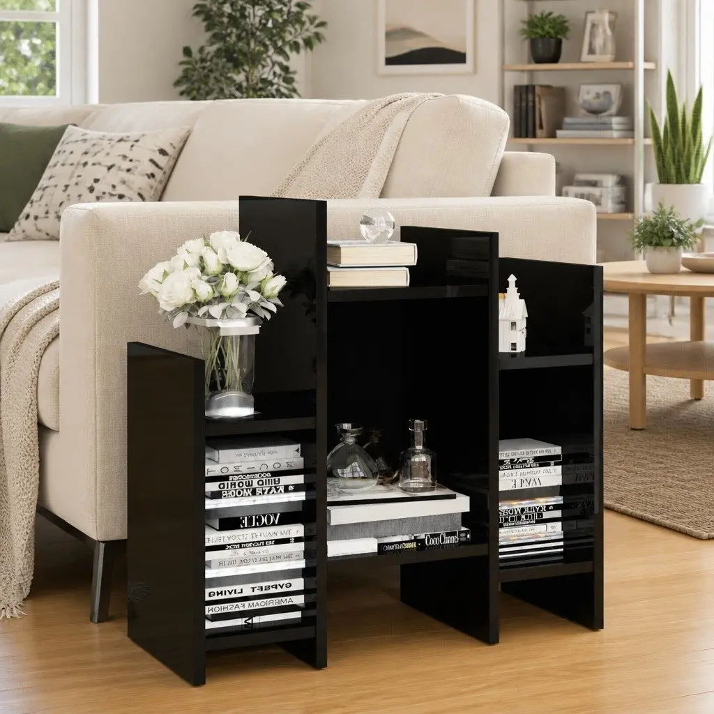 Side Cabinet High Gloss Black 6 Shelves Storage Shelving Unit Furniture Sofa Table