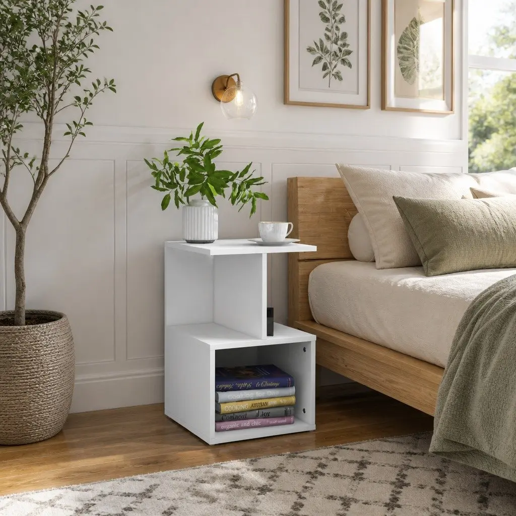 Bedside Cabinet White Open Compartments Storage Table