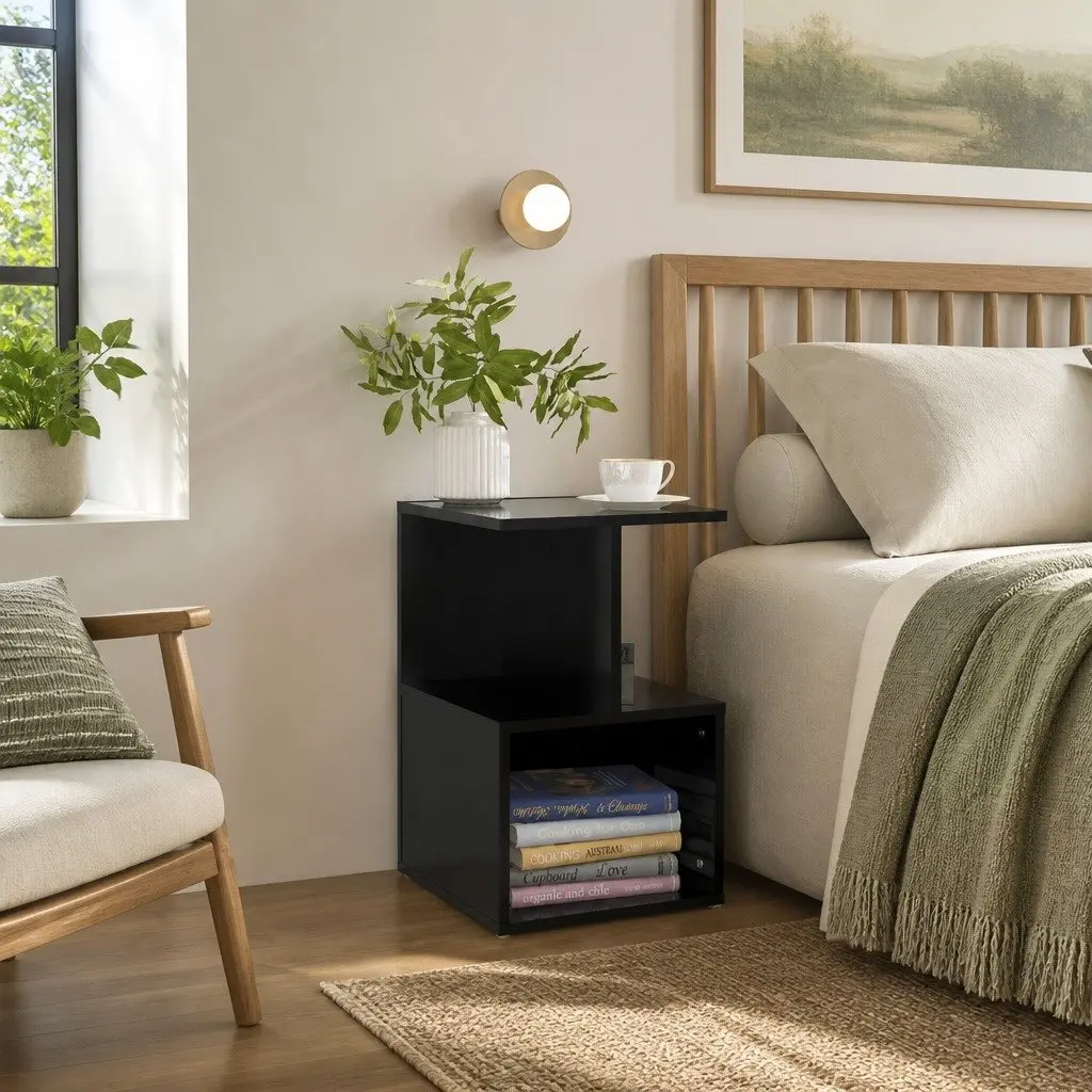 Bedside Cabinet Black Open Compartments Storage Nightstand
