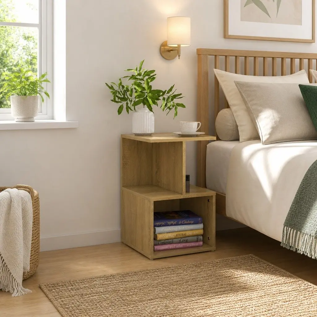 Brown Engineered Wood Nightstand Set 2 Pieces Sturdy Construction Open Compartments for Bedroom Storage