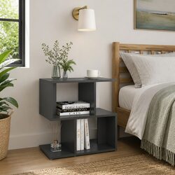 Bedside Cabinet Set 2 pcs Grey Open Compartments Storage Nightstand Furniture