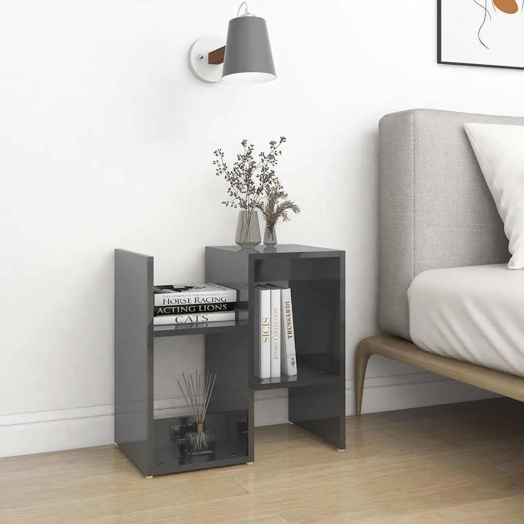 Bedside Cabinet Set 2 pcs Grey High Gloss Open Compartment Storage Nightstand