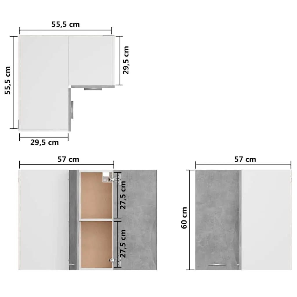 Corner Kitchen Cabinet Grey Wall Mount Storage Shelves Unit with Two Doors and Two Internal Shelves