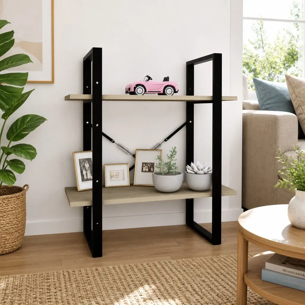 2-Tier Book Cabinet Brown Engineered Wood Storage Shelving Unit