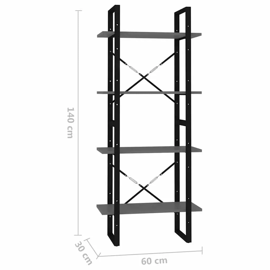 4-Tier Book Cabinet Grey Industrial Style Storage Shelving Unit 60x30x140cm