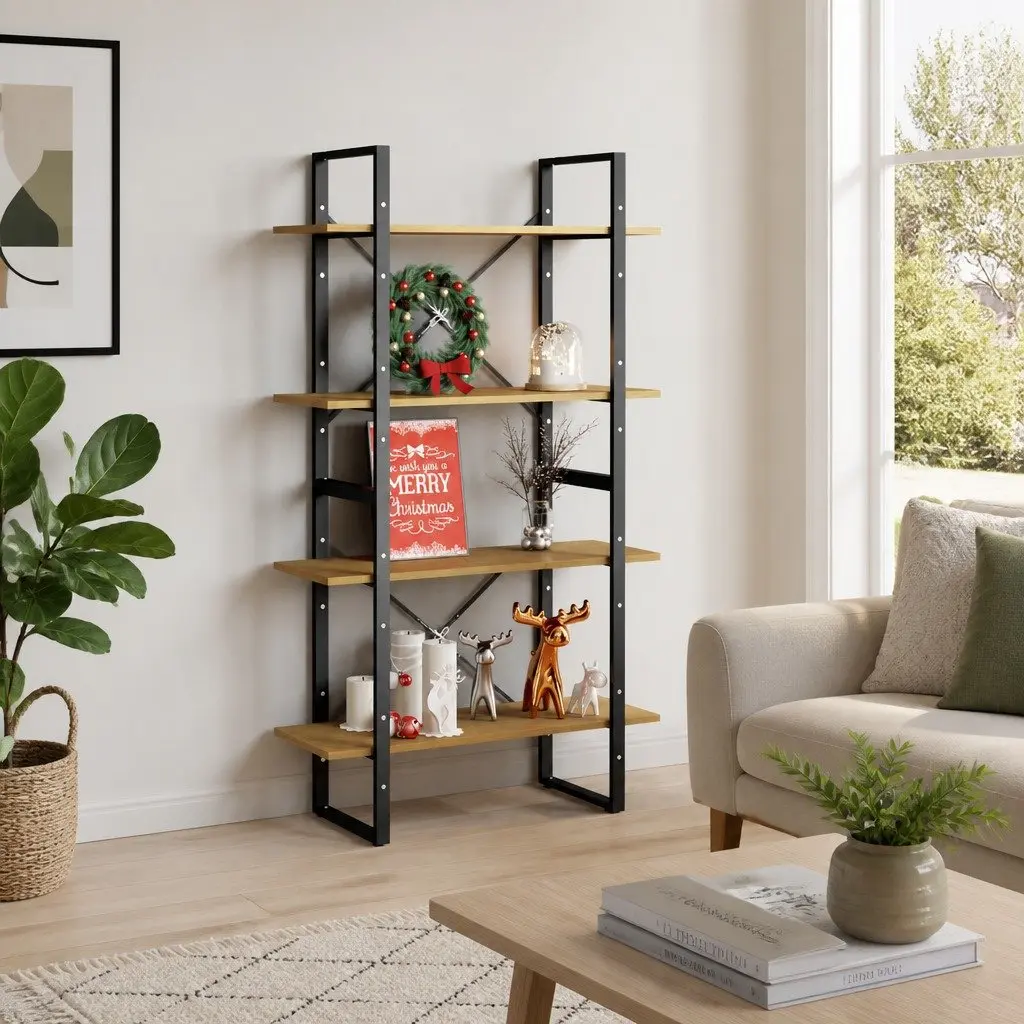 4-Tier Book Cabinet 80x30x140cm Solid Pine Wood Industrial Style Bookshelf Storage Display Stand