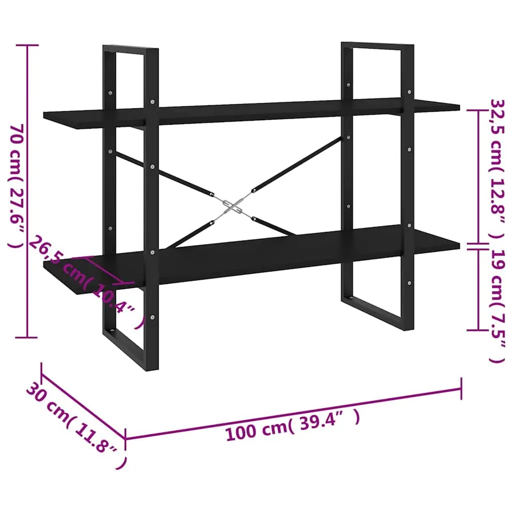 2-Tier Book Cabinet Black Engineered Wood Open Shelving Unit