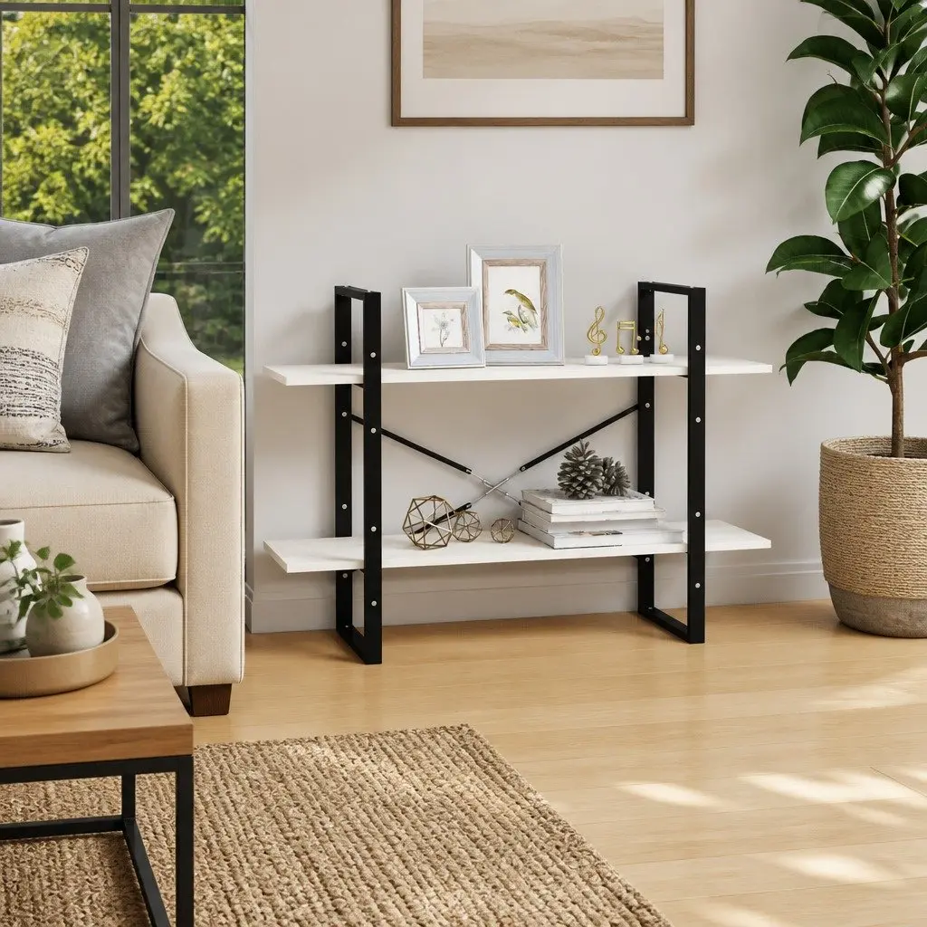 2-Tier Book Cabinet White Solid Pine Wood Shelving Unit Industrial Style Storage Bookcase