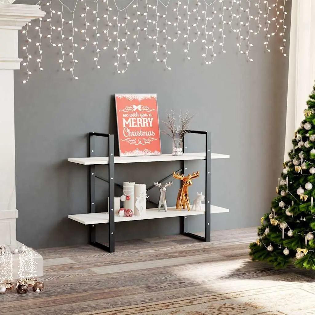 2-Tier Book Cabinet White Solid Pine Wood Shelving Unit Industrial Style Storage Bookcase