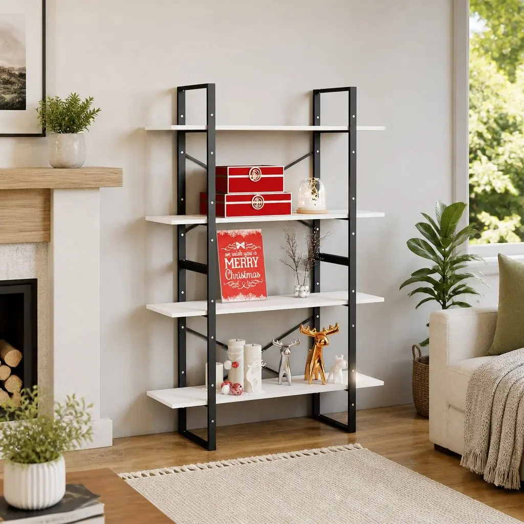 4 Tier White Bookshelf Engineered Wood Storage Display Cabinet
