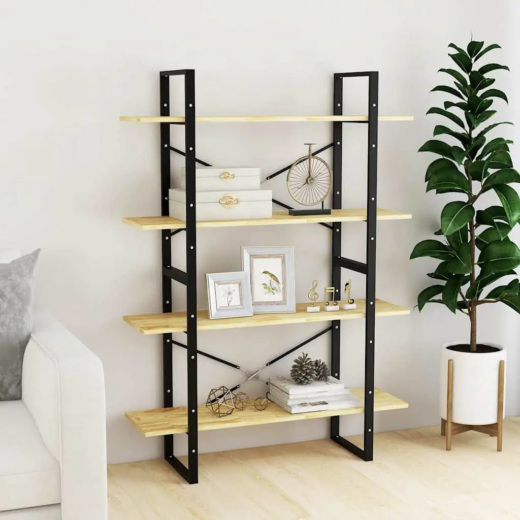 4 Tier Solid Pine Wood Book Cabinet Brown 100cm Wide 140cm High Storage Shelving Unit