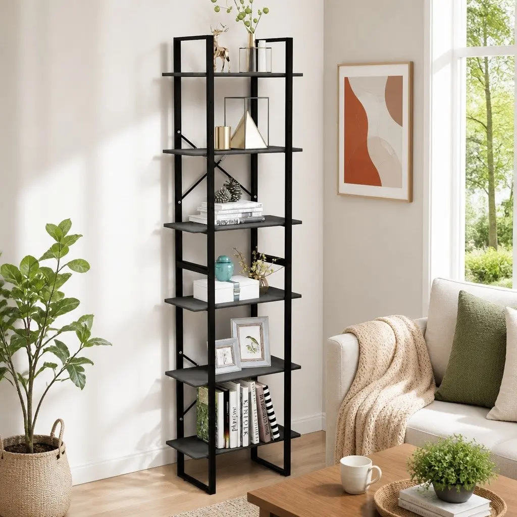 Storage Shelf Grey Standing Bookcase Shelving Unit Durable Metal Construction for Home Kitchen Living Room