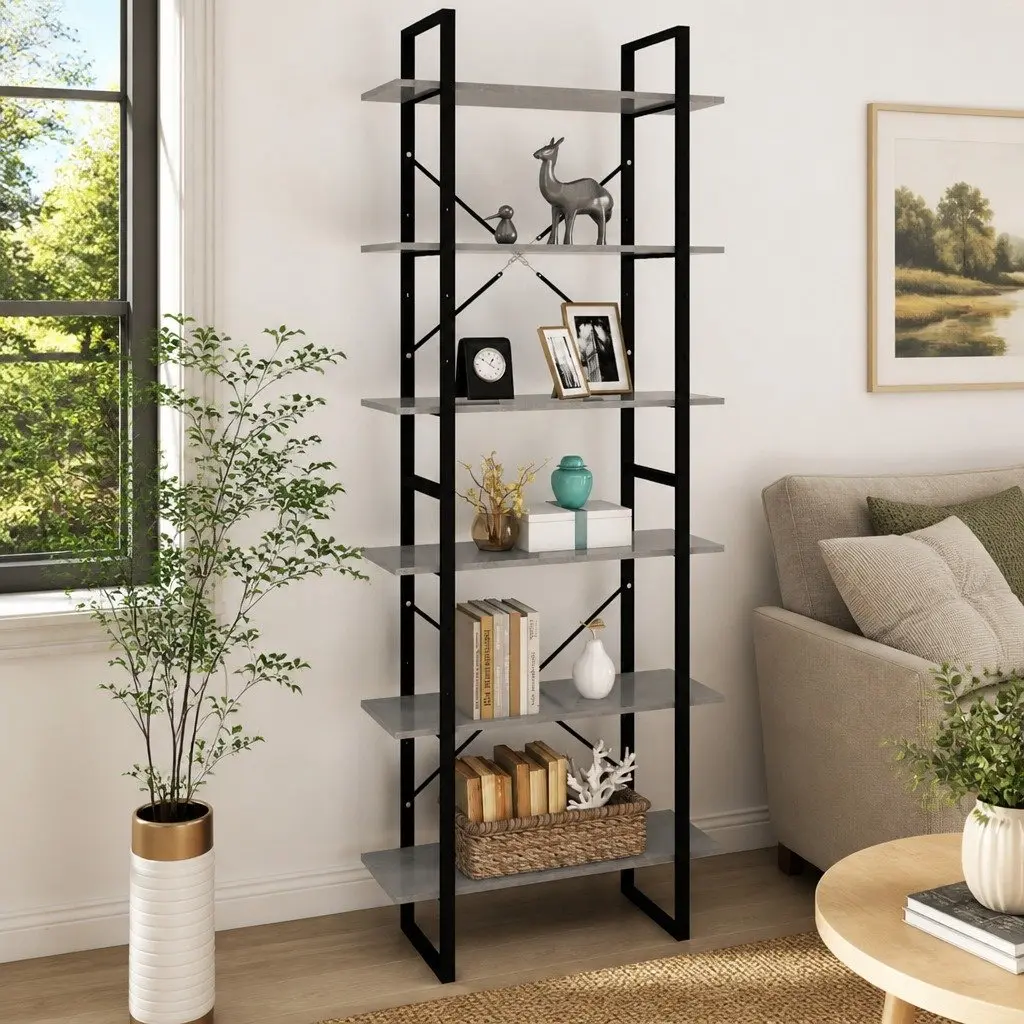 High Cabinet Grey Storage Bookcase 6 Shelves Engineered Wood Industrial Look