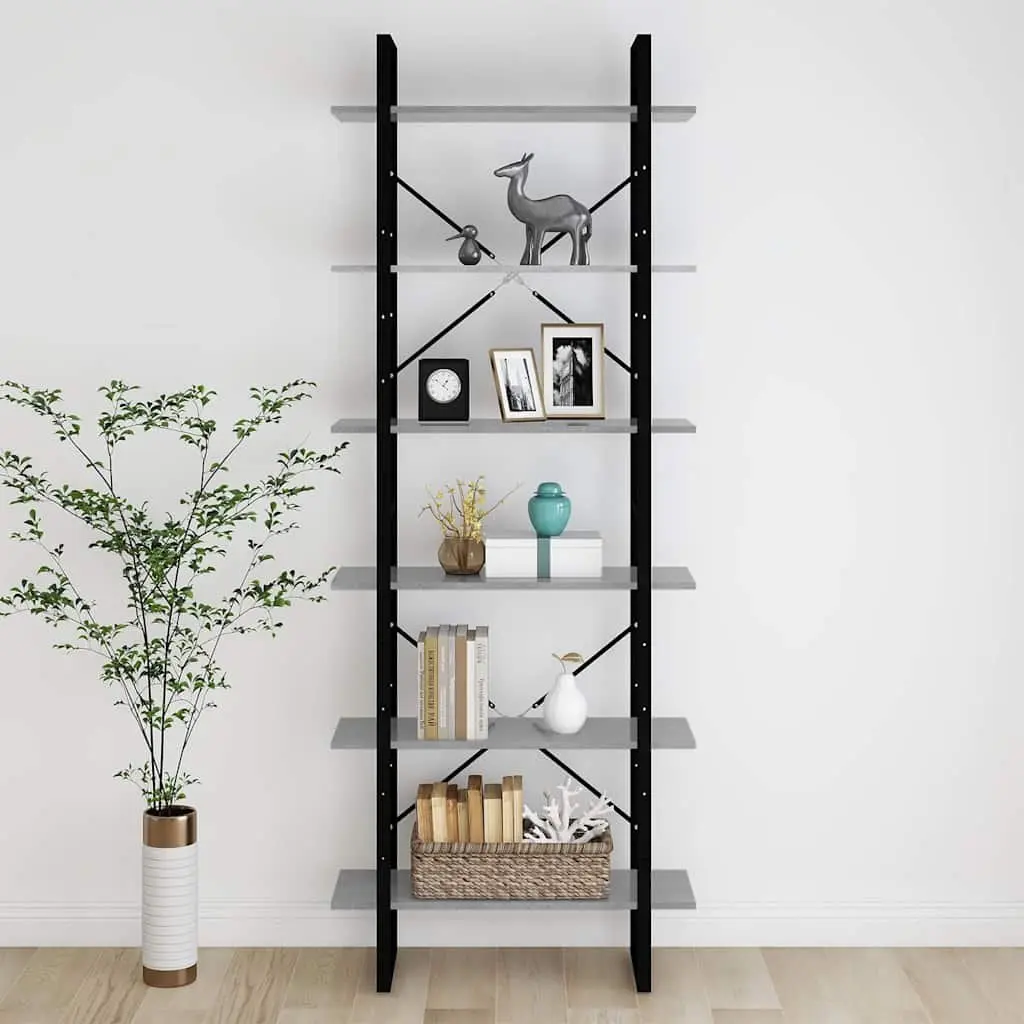 High Cabinet Grey Storage Bookcase 6 Shelves Engineered Wood Industrial Look