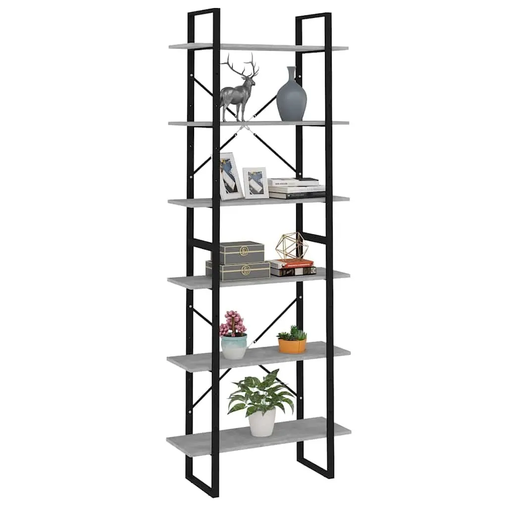 High Cabinet Grey Storage Bookcase 6 Shelves Engineered Wood Industrial Look