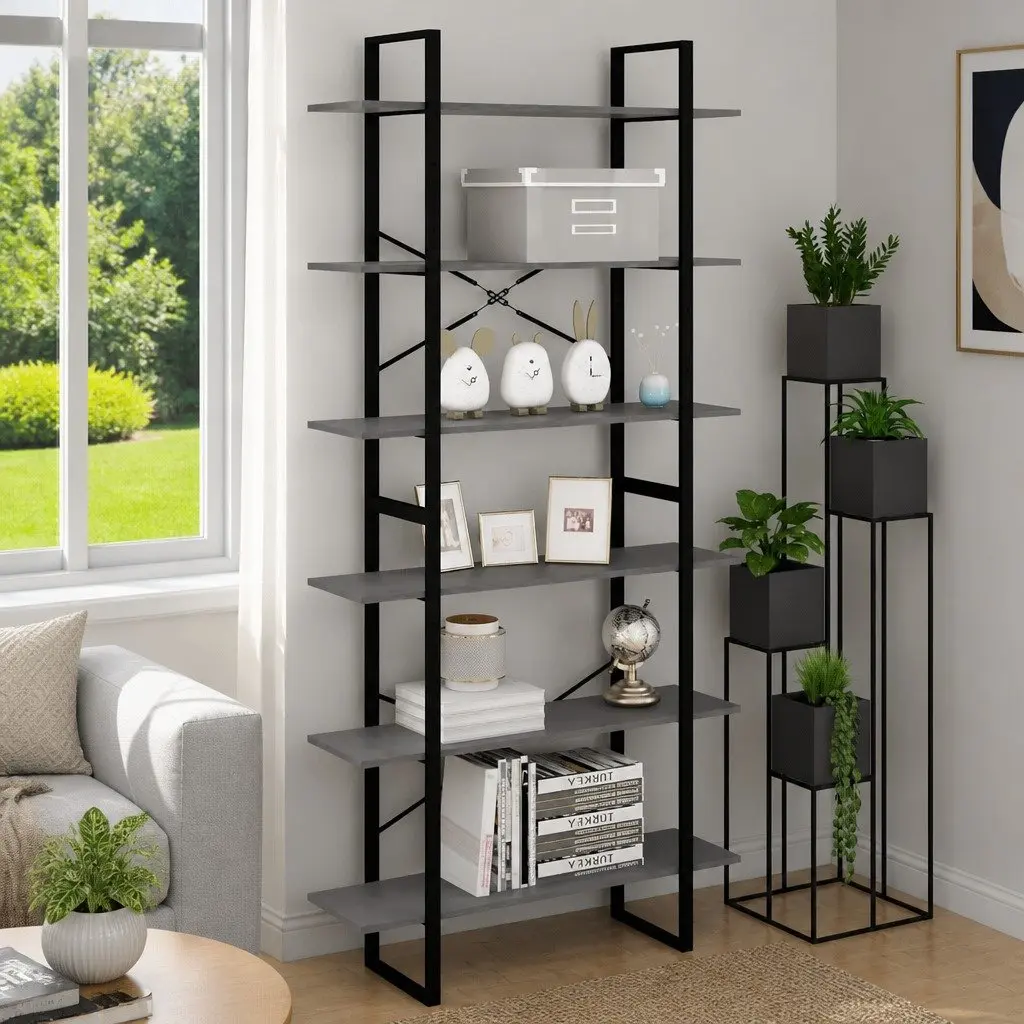 High Storage Cabinet Grey Solid Pine Wood 6 Shelf Bookcase Display Shelving Unit