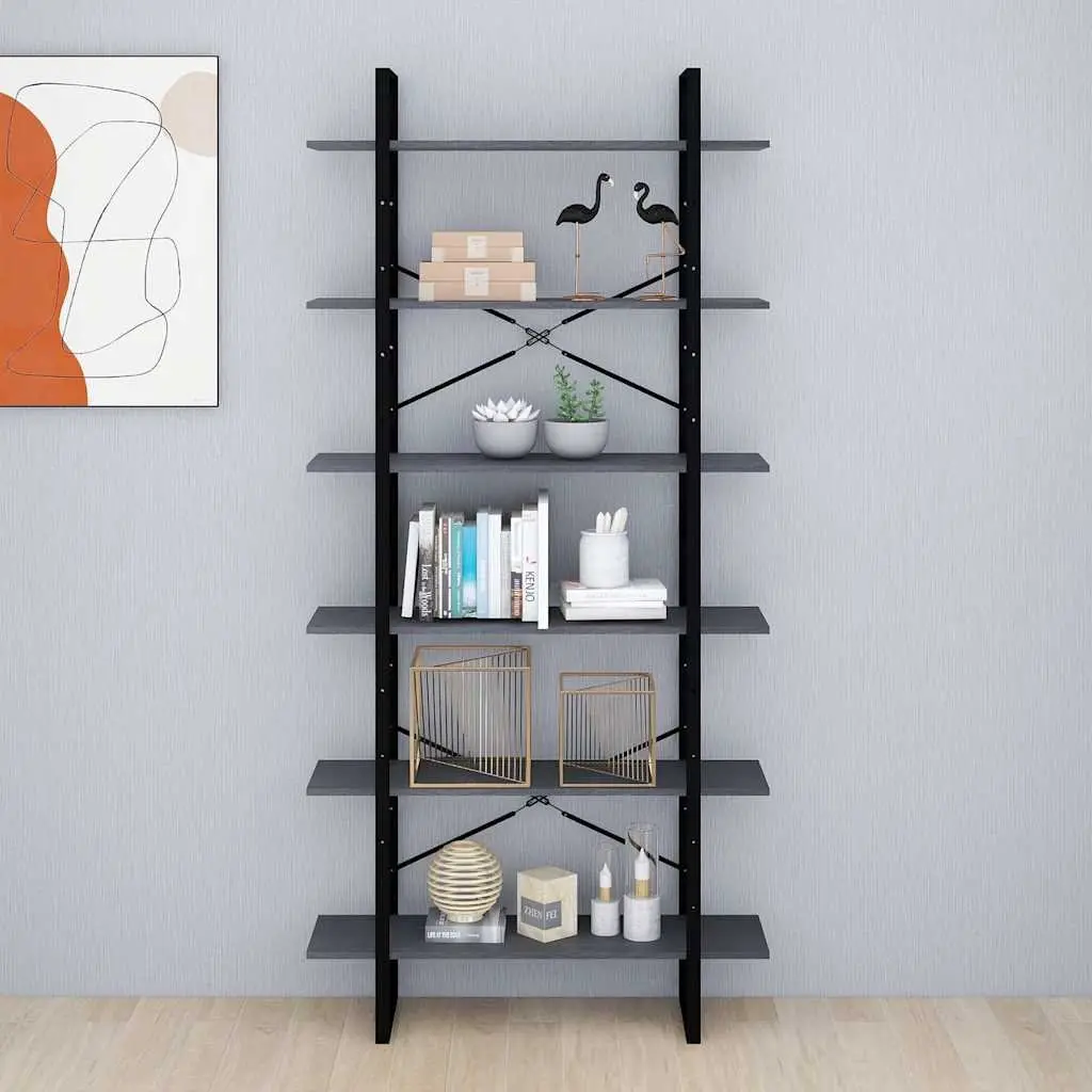 High Storage Cabinet Grey Solid Pine Wood 6 Shelf Bookcase Display Shelving Unit