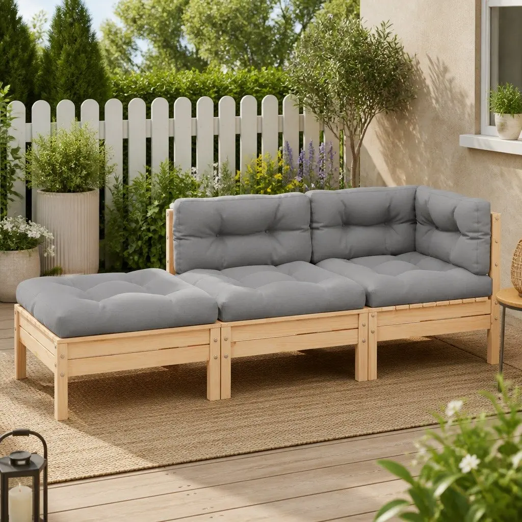 3 Piece Garden Lounge Set Solid Pinewood Grey Cushions Modular Outdoor Sectional Sofa