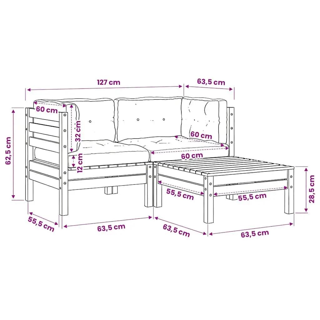 Garden Lounge Set 3 Piece Modular Sectional Sofa with Cream Cushions