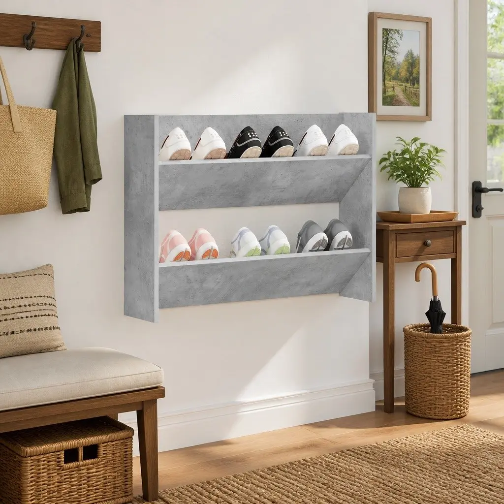 Wall Mounted Shoe Cabinet Grey 2 Tipping Shelves Space Saving