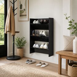 Modern Black Shoe Cabinet: Wall Mounted with 3 Shelves