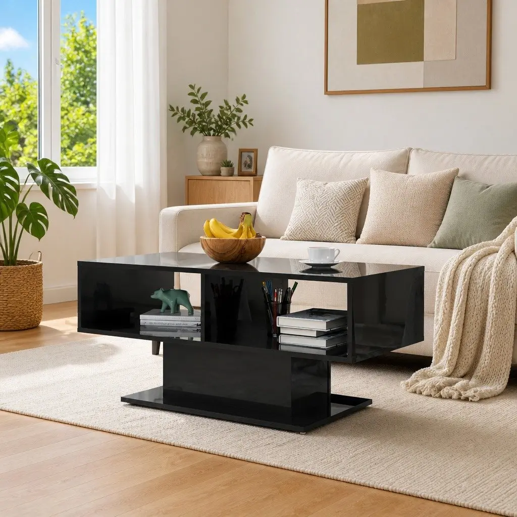 Coffee Table Black High Gloss Storage Shelf Living Room