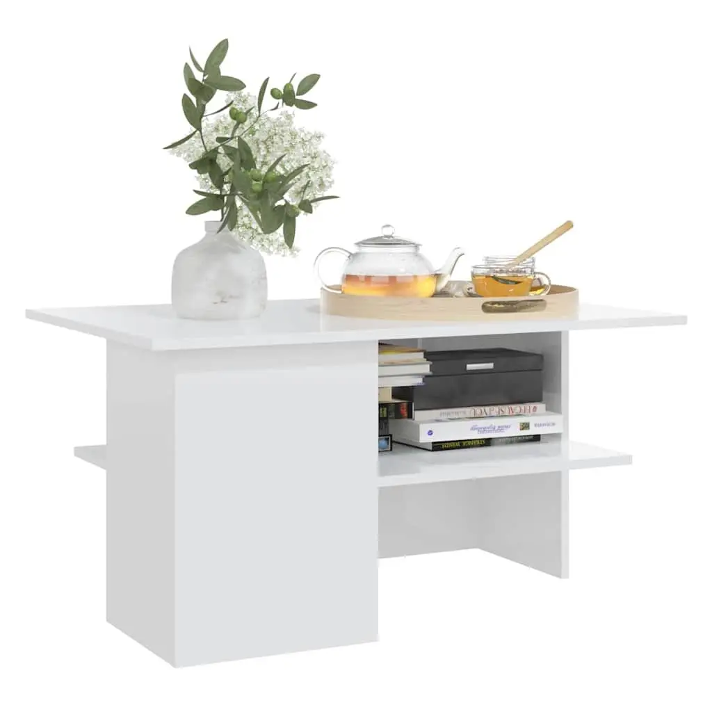 Coffee Table High Gloss White Spacious Top with Storage Shelf Modern Living Room Furniture