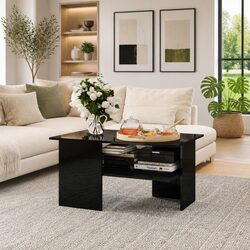 Coffee Table High Gloss Black Engineered Wood Storage Shelf Living Room Accent