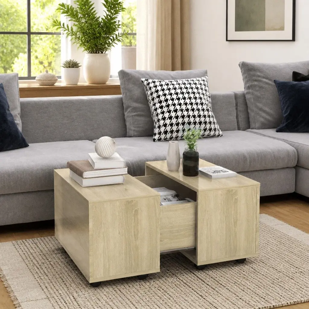 Coffee Table Sonoma Oak Engineered Wood Accent Table with Wheels Extendable