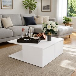 White Coffee Table with Storage Drawers Compartments 80x80x31cm Living Room