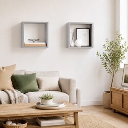 Wall Cube Shelves Set 2 pcs Grey Floating Storage Display Organiser Bedroom