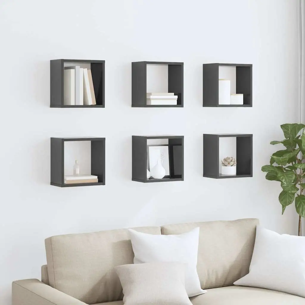 Wall Cube Shelves 6 Pieces Grey Floating Storage Display Organizer Set