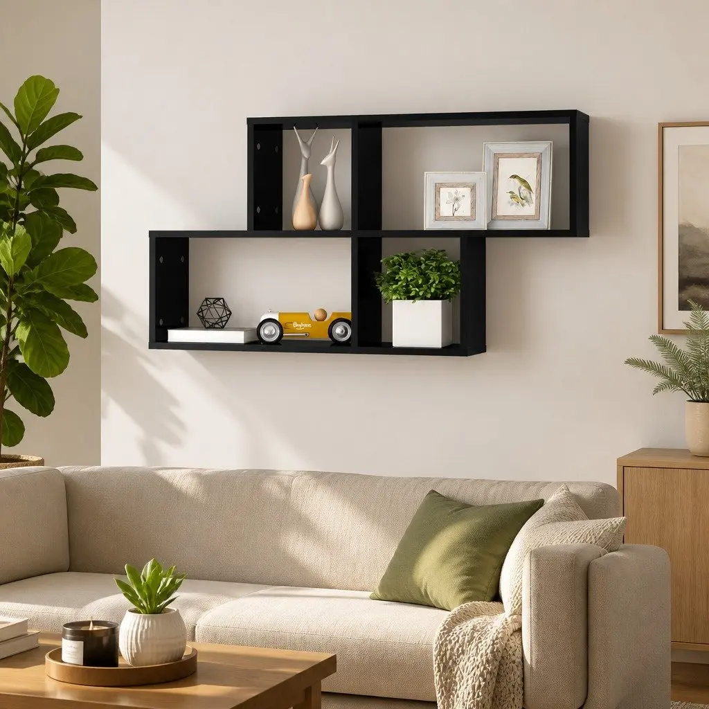 Wall Shelf 100 x 18 x 53 cm Black High Gloss Floating Storage Display Unit