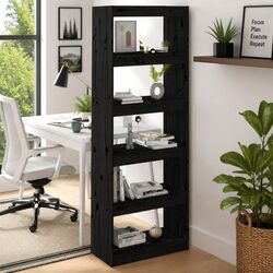 Book Cabinet Room Divider Black Solid Wood Pine 5 Shelf Tall Standing Bookcase
