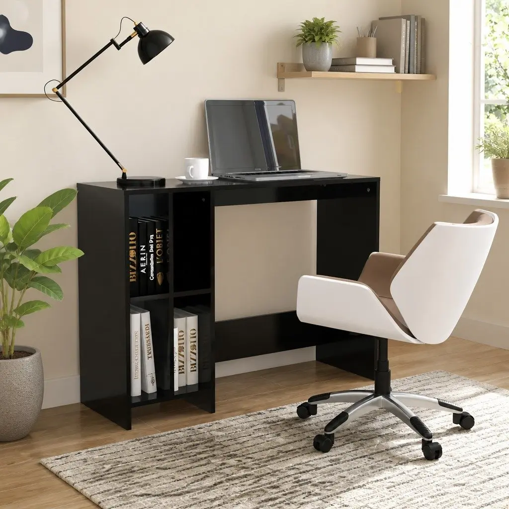 Notebook Desk Black Compact Office Workstation with Shelves for Storage and Organization