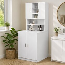 White Bathroom Storage Cabinet 70.5x25.5x90cm Washing Machine Organiser 2 Doors