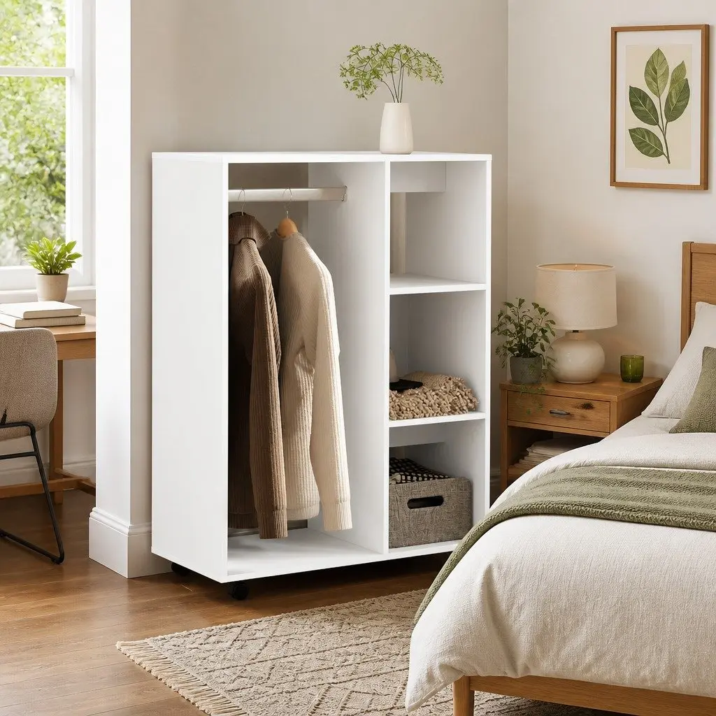 White Wardrobe Cabinet 80W x 40D x 110H cm Engineered Wood Large Open Compartment Mobile Wheels