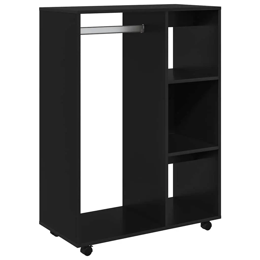 Open Compartment Wardrobe Cabinet Black Engineered Wood with 3-Tier Side Shelves and Wheels for Easy Mobility