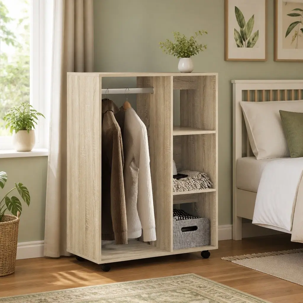 Engineered Wood Wardrobe 80W x 40D x 110H cm Open Compartment with Wheels